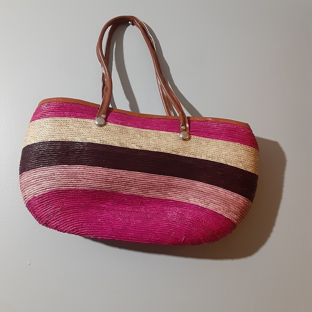 Vibrant Handmade Straw Pink Multicolor Striped Tote Bag Colorblock
